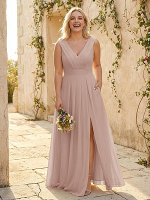 V Neck Pleated Chiffon Side Slit Bridesmaid Dresses with Pockets