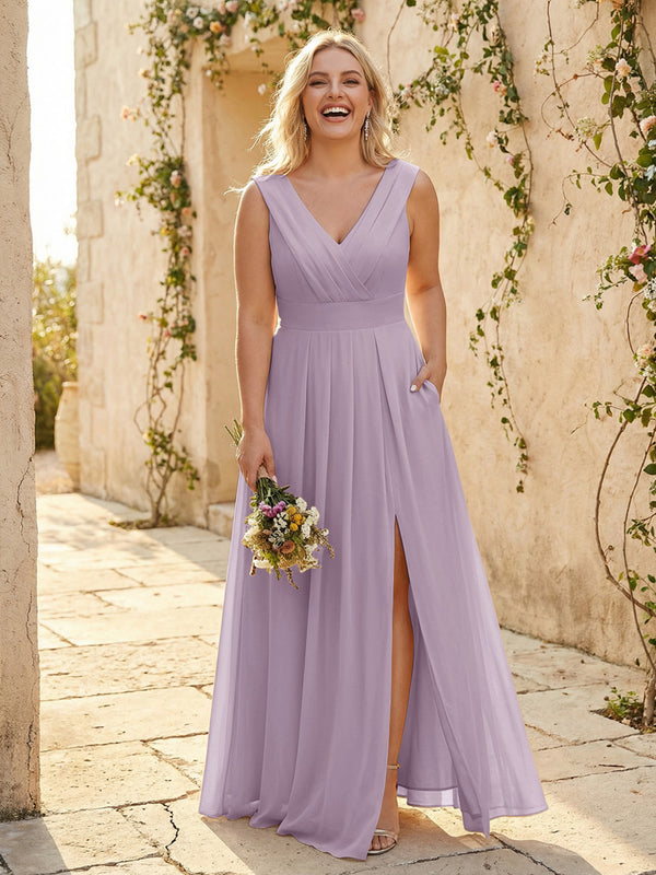 V Neck Pleated Chiffon Side Slit Bridesmaid Dresses with Pockets