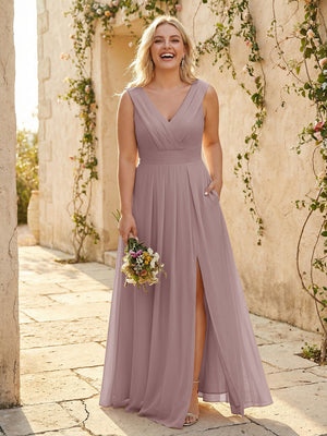 V Neck Pleated Chiffon Side Slit Bridesmaid Dresses with Pockets
