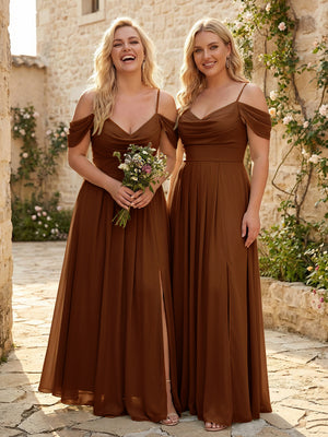 Spaghetti Straps Pleated Chiffon Sweetheart Bridesmaid Dresses with Slit