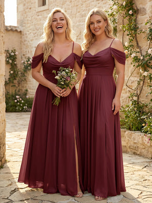Spaghetti Straps Pleated Chiffon Sweetheart Bridesmaid Dresses with Slit