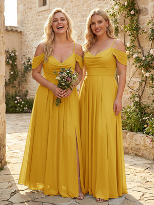 Spaghetti Straps Pleated Chiffon Sweetheart Bridesmaid Dresses with Slit