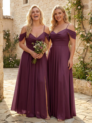 Spaghetti Straps Pleated Chiffon Sweetheart Bridesmaid Dresses with Slit