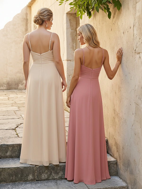 V Neck Pleated Chiffon Side Slit Bridesmaid Dresses