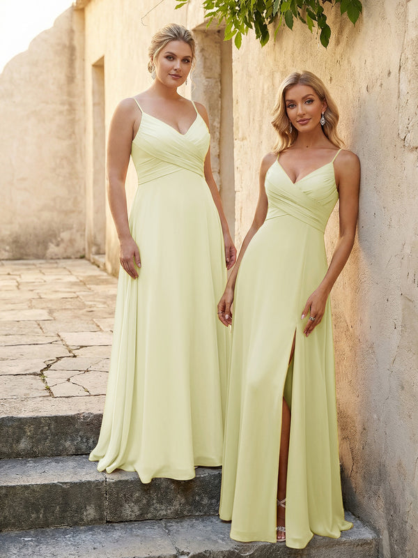 V Neck Pleated Chiffon Side Slit Bridesmaid Dresses