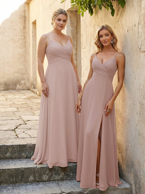V Neck Pleated Chiffon Side Slit Bridesmaid Dresses