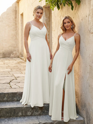 V Neck Pleated Chiffon Side Slit Bridesmaid Dresses