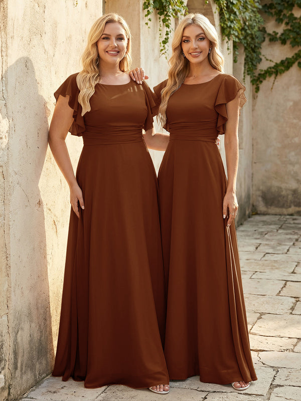 Scoop Neck Corset Pleated Chiffon Bridesmaid Dresses