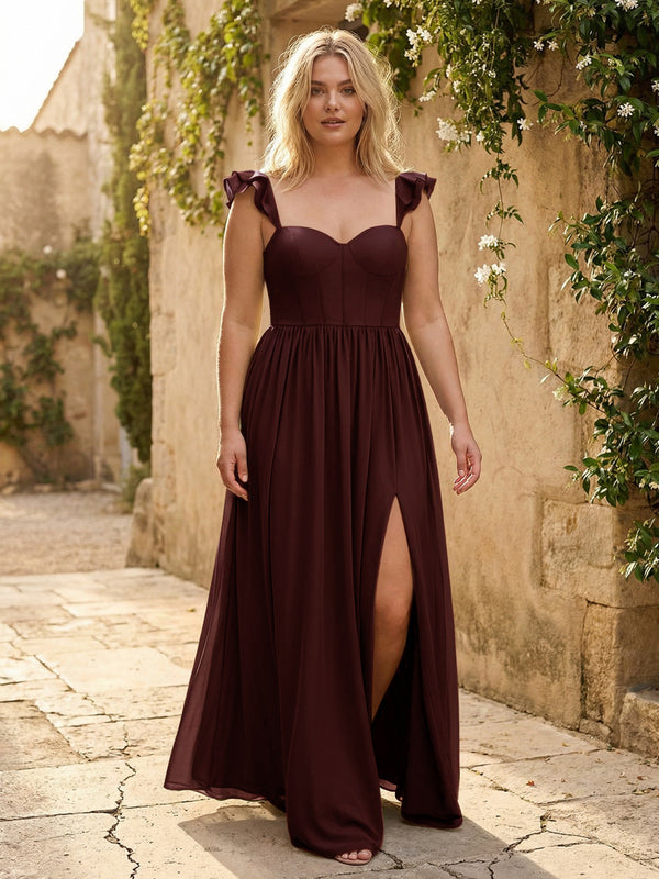 Sweetheart Pleated Chiffon Ruffles Bridesmaid Dresses with Slit