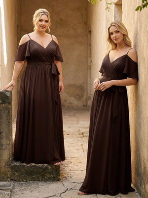 Spaghetti Straps V Neck Pleated Chiffon Bridesmaid Dresses