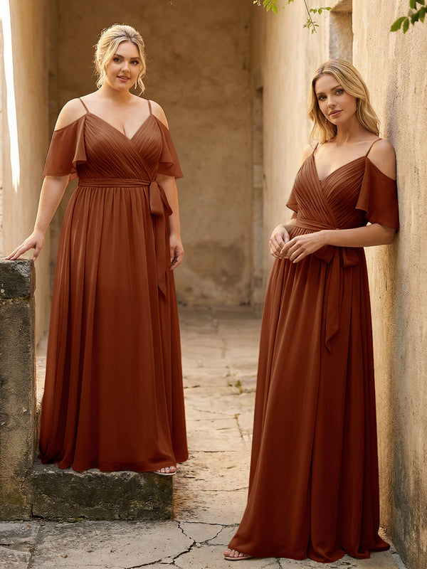 Spaghetti Straps V Neck Pleated Chiffon Bridesmaid Dresses