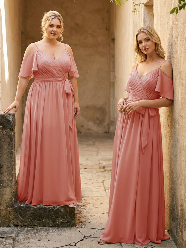Spaghetti Straps V Neck Pleated Chiffon Bridesmaid Dresses