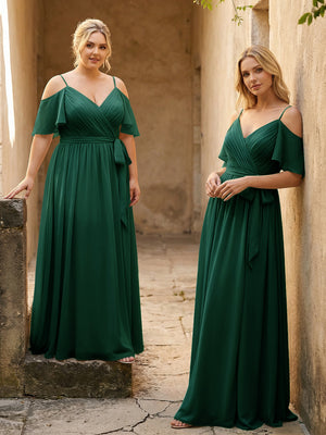 Spaghetti Straps V Neck Pleated Chiffon Bridesmaid Dresses