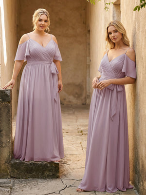 Spaghetti Straps V Neck Pleated Chiffon Bridesmaid Dresses