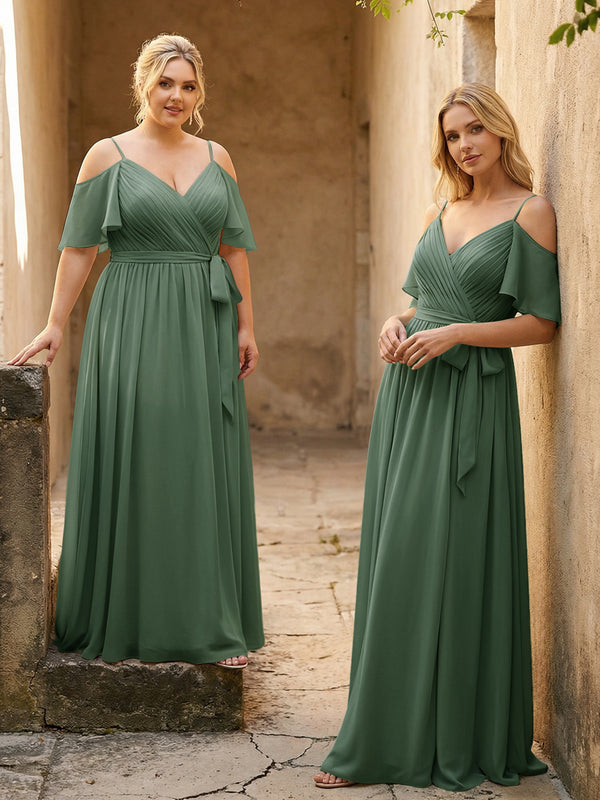 Spaghetti Straps V Neck Pleated Chiffon Bridesmaid Dresses