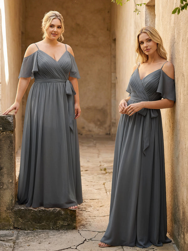 Spaghetti Straps V Neck Pleated Chiffon Bridesmaid Dresses