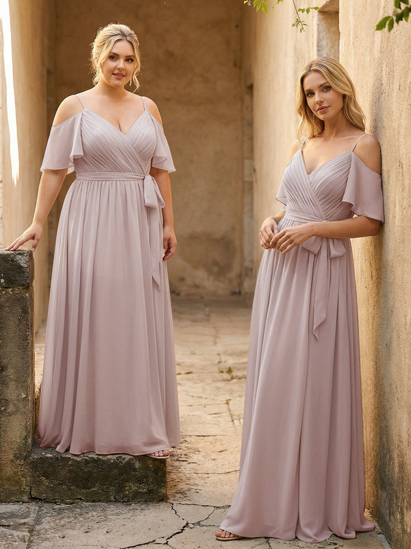 Spaghetti Straps V Neck Pleated Chiffon Bridesmaid Dresses