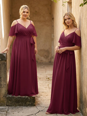 Spaghetti Straps V Neck Pleated Chiffon Bridesmaid Dresses