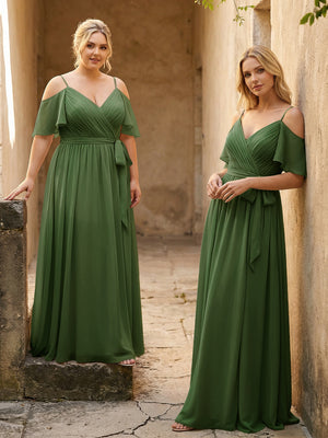 Spaghetti Straps V Neck Pleated Chiffon Bridesmaid Dresses