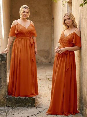 Spaghetti Straps V Neck Pleated Chiffon Bridesmaid Dresses