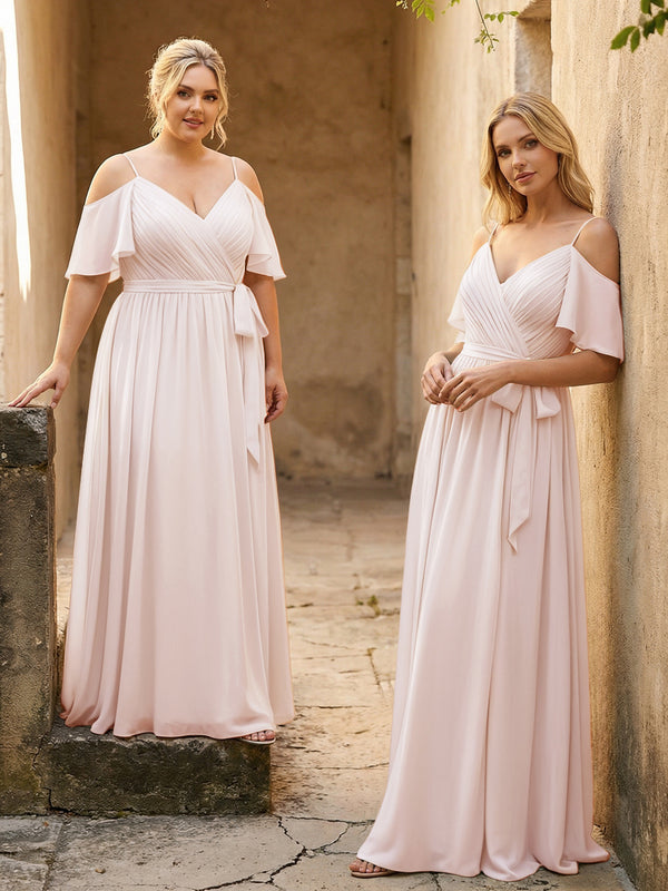 Spaghetti Straps V Neck Pleated Chiffon Bridesmaid Dresses