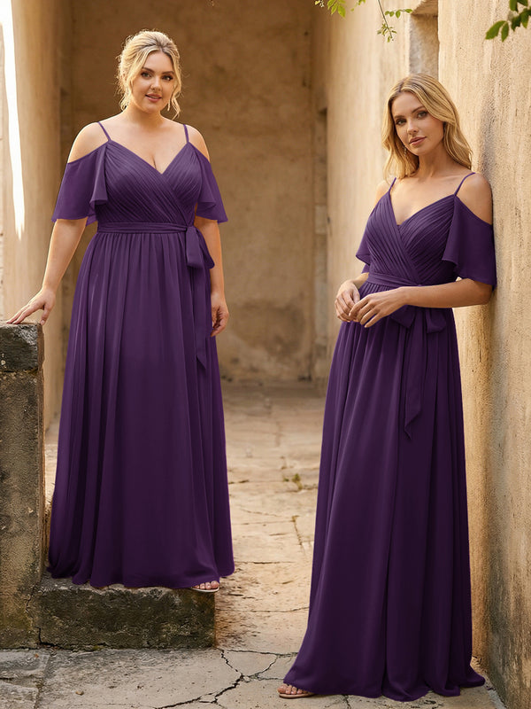 Spaghetti Straps V Neck Pleated Chiffon Bridesmaid Dresses