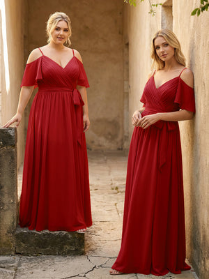Spaghetti Straps V Neck Pleated Chiffon Bridesmaid Dresses
