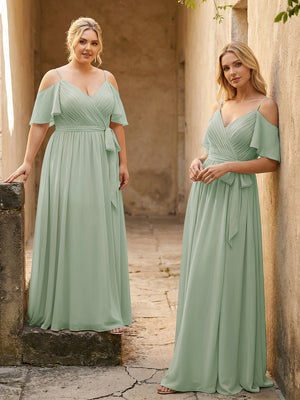 Spaghetti Straps V Neck Pleated Chiffon Bridesmaid Dresses