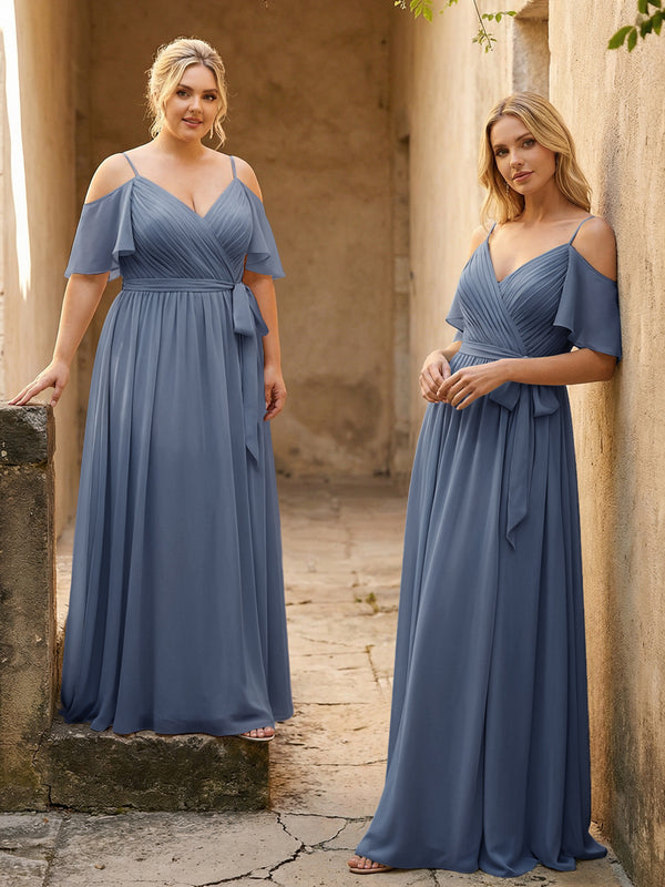 Spaghetti Straps V Neck Pleated Chiffon Bridesmaid Dresses