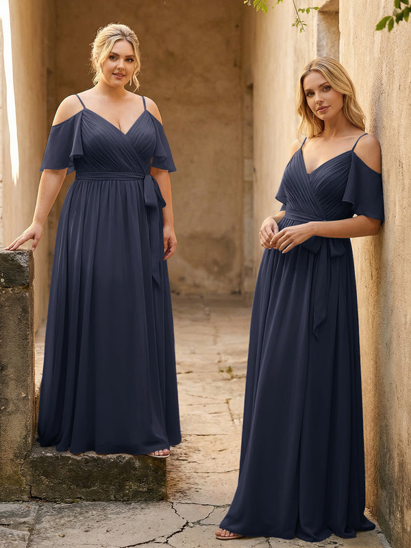 Spaghetti Straps V Neck Pleated Chiffon Bridesmaid Dresses