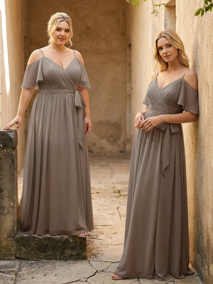 Spaghetti Straps V Neck Pleated Chiffon Bridesmaid Dresses