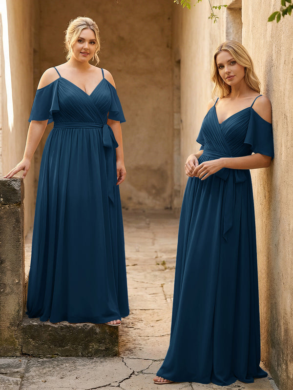 Spaghetti Straps V Neck Pleated Chiffon Bridesmaid Dresses