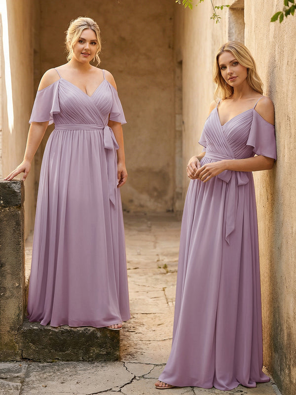 Spaghetti Straps V Neck Pleated Chiffon Bridesmaid Dresses