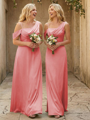 Square Neck Pleated Satin Tiered Bridesmaid Dresses