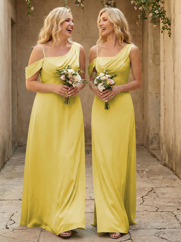 Square Neck Pleated Satin Tiered Bridesmaid Dresses