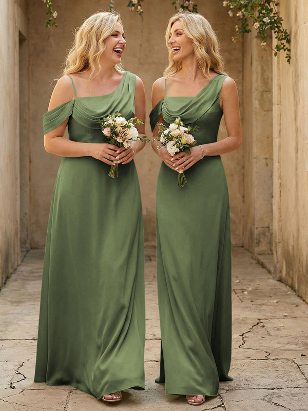 Square Neck Pleated Satin Tiered Bridesmaid Dresses