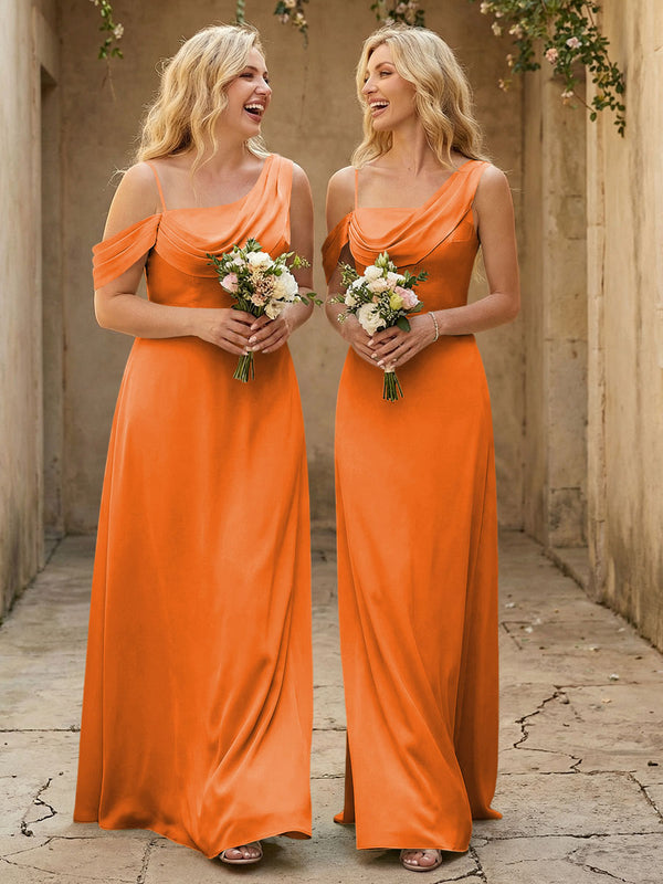 Square Neck Pleated Satin Tiered Bridesmaid Dresses
