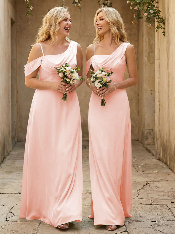Square Neck Pleated Satin Tiered Bridesmaid Dresses