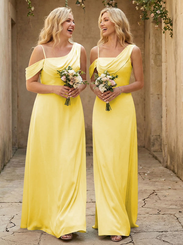 Square Neck Pleated Satin Tiered Bridesmaid Dresses
