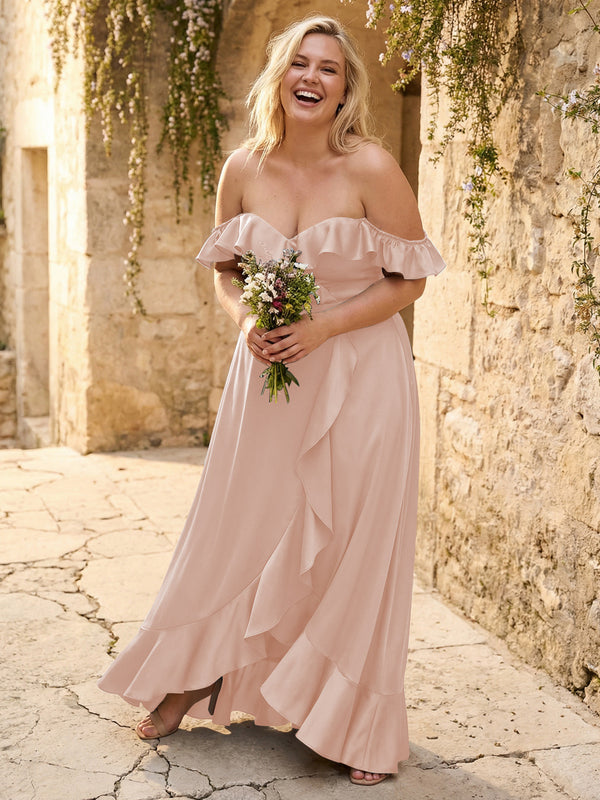Off the Shoulder Ruffles Satin Bridesmaid Dresses