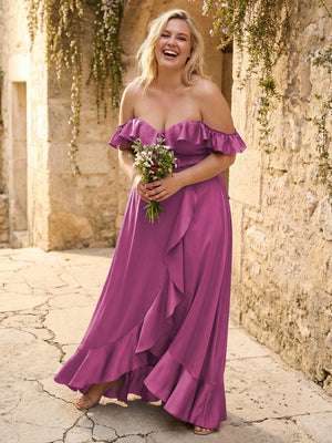 Off the Shoulder Ruffles Satin Bridesmaid Dresses