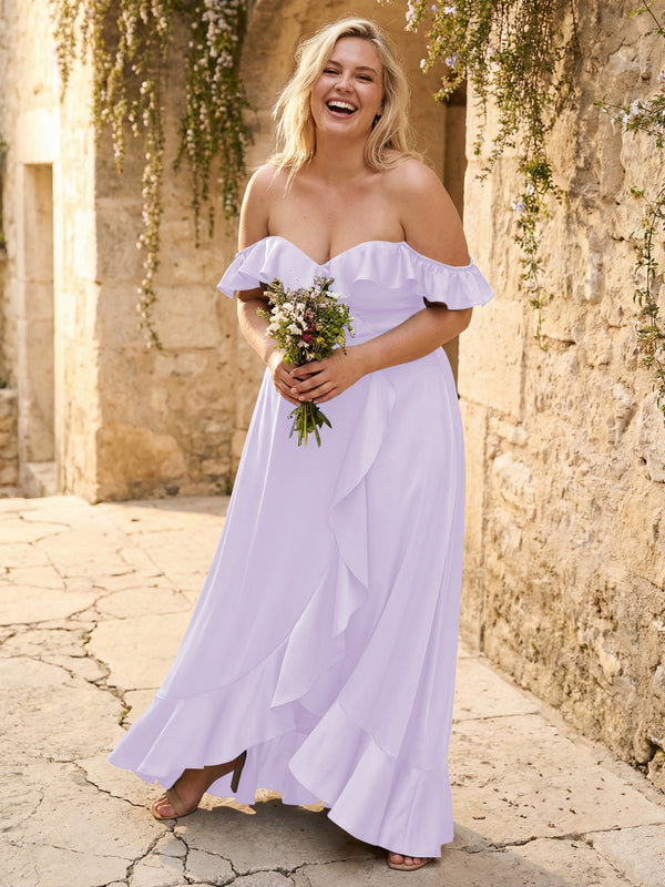Off the Shoulder Ruffles Satin Bridesmaid Dresses