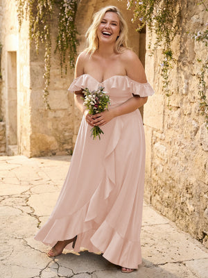 Off the Shoulder Ruffles Satin Bridesmaid Dresses