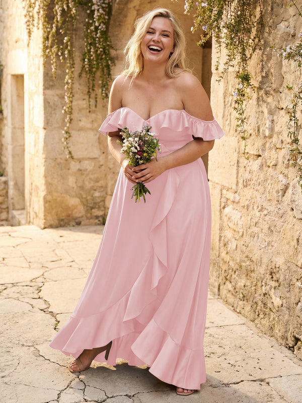 Off the Shoulder Ruffles Satin Bridesmaid Dresses