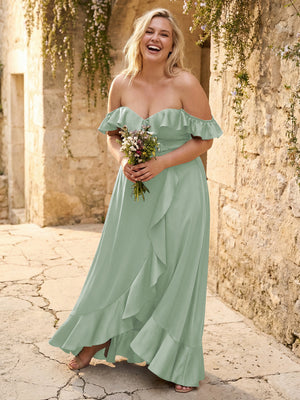 Off the Shoulder Ruffles Satin Bridesmaid Dresses