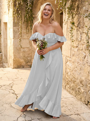 Off the Shoulder Ruffles Satin Bridesmaid Dresses
