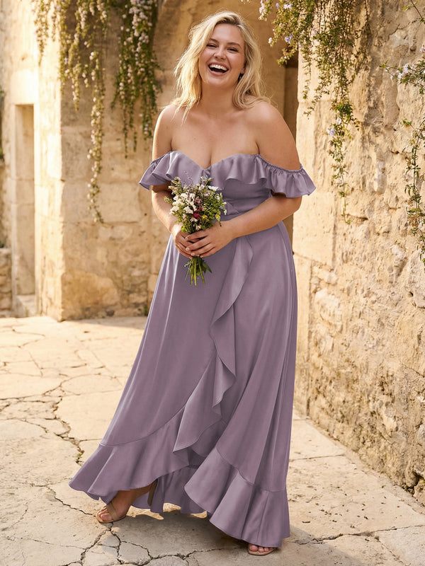 Off the Shoulder Ruffles Satin Bridesmaid Dresses