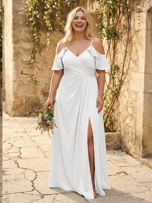 Chiffon Off the Shoulder Pleated Bridesmaid Dresses with Slit