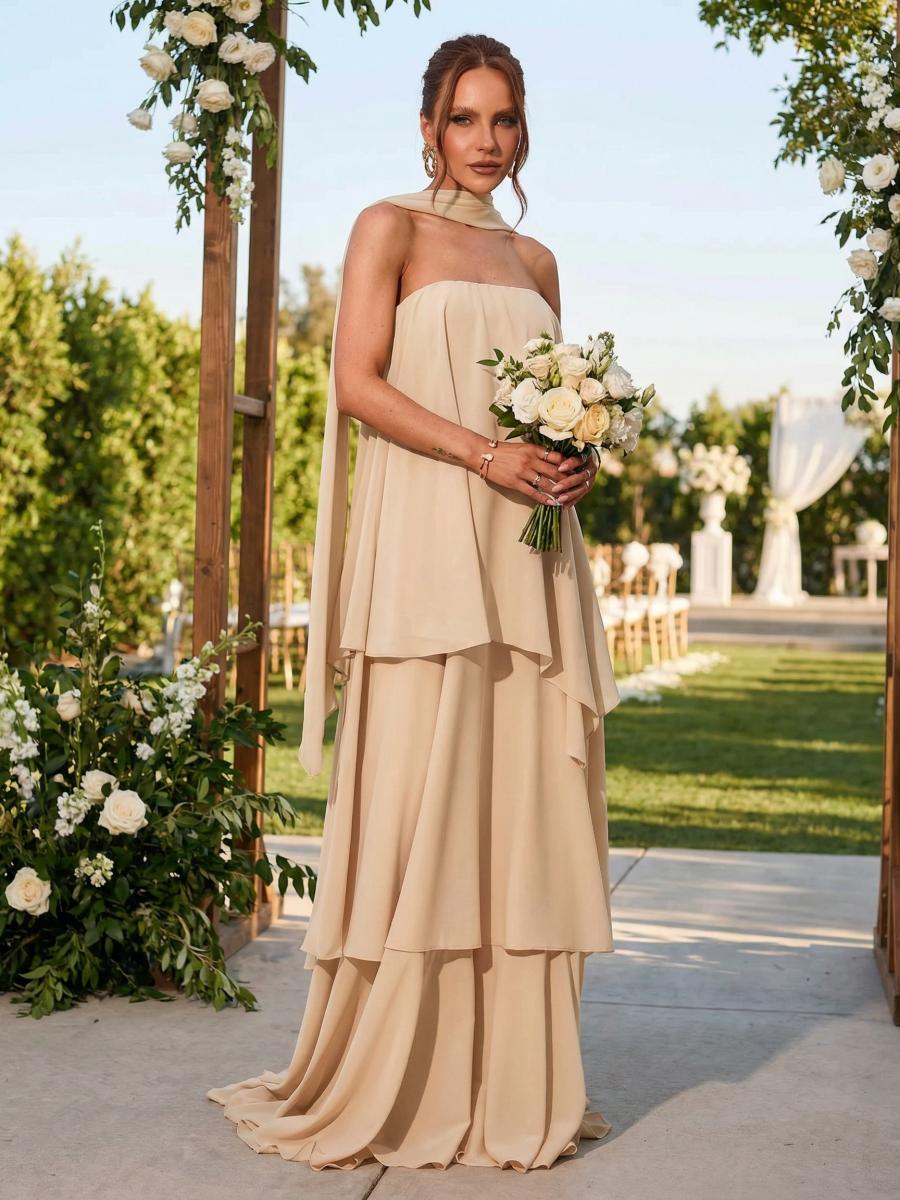 Chiffon Strapless Long Bridesmaid Dresses with Scarf