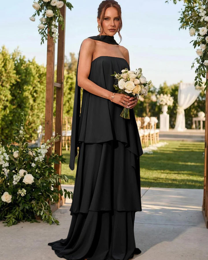 Chiffon Strapless Long Formal Dresses with Scarf